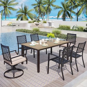 7-Piece Metal Outdoor Dining Set with Brown Rectangular Table-Top and Elegant Swivel Chairs with Beige Cushions