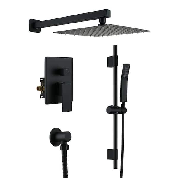 Hlihome 1-Spray Patterns with 2.5 GPM 12 in. Square Wall Mount Shower head and Handheld Shower Heads Set in Matte Black