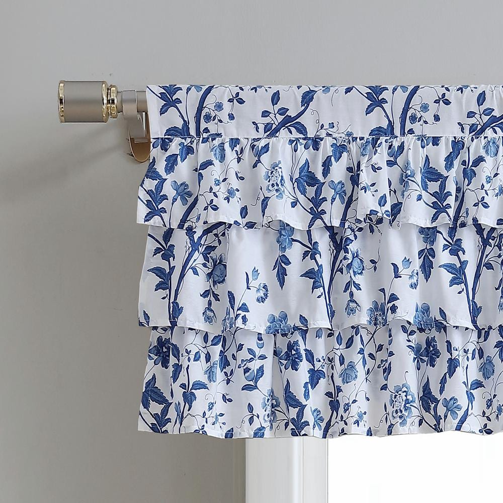 Elise Blue Cotton Floral Ruffled Rod Pocket Valance