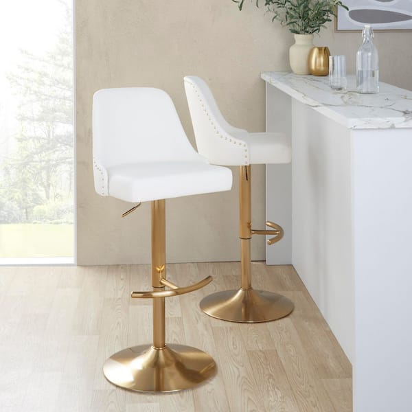 Lumisource Studded Marcel 34 in. White Faux Leather and Gold Metal Adjustable Barstool (Set of 2)