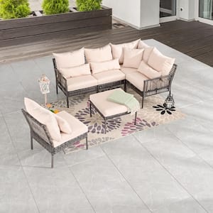 6-Piece Wicker Outdoor Patio Sectional with Beige Cushions