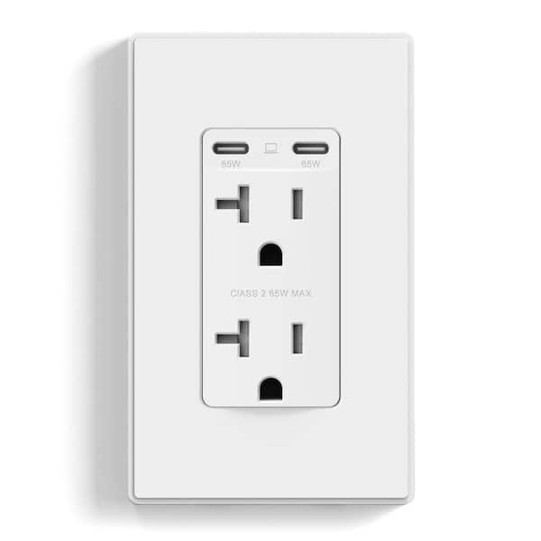 ELEGRP 65-Watt Dual USB C Oulet for Laptop Power Delivery 20 Amp Wall Outlet with USB C Ports with Wall Plate (1-Pack, White)