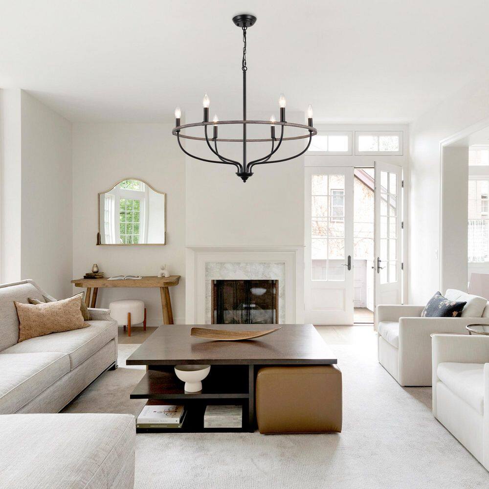 6 Light Modern Farmhouse Round Chandelier Black and Wood Grain Faux Finish Hanging Light Fixture for Dining Room Foyer price history on PriceWatchPro