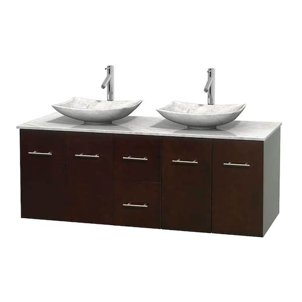 Wyndham Collection Centra 60 in. Double Vanity in Espresso with Marble Vanity Top in Carrara White and Sinks