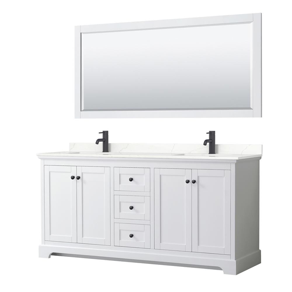 Wyndham Collection Avery 72 in. W x 22 in. D x 35 in. H Double Bath Vanity in White with Giotto Quartz Top and 70"" Mirror, White with Matte Black Trim -  840193390645