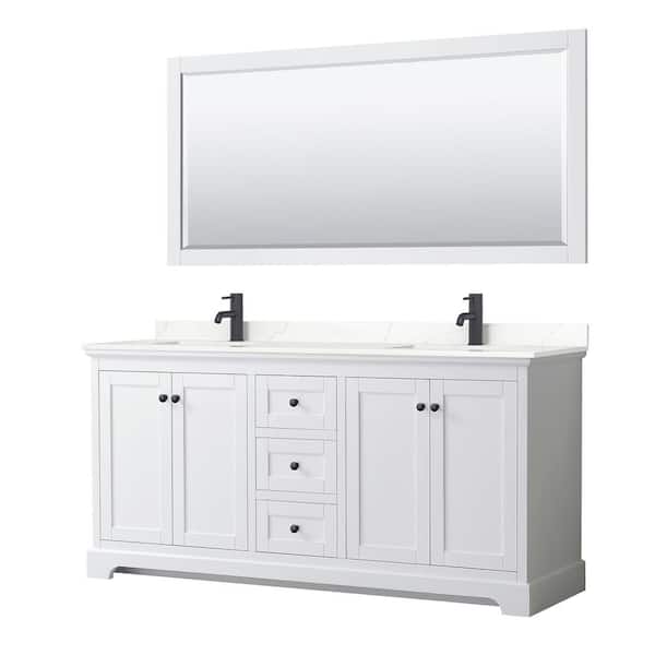 Wyndham Collection Avery 72 in. W x 22 in. D x 35 in. H Double Bath Vanity in White with Giotto Quartz Top and 70 in. Mirror
