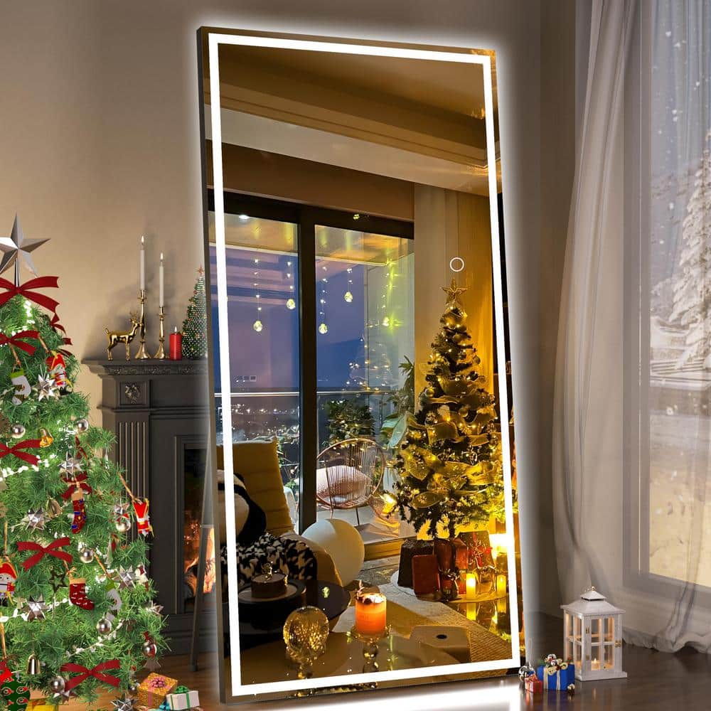 32 in. W x 79 in. H Square Black LED Lighted Floor Standing Mirror, Hanging