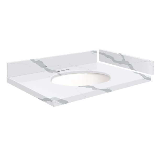 Transolid Silestone 28 in. W x 22.25 in. D Quartz White Round Single Sink Vanity Top in Bianco Calacatta