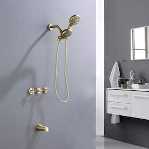 3-Handle 7-Spray Patterns 3.5 GPM 5 in. Wall Mount Dual Shower Heads with Tub Spout in Brushed Gold (Valve Included)