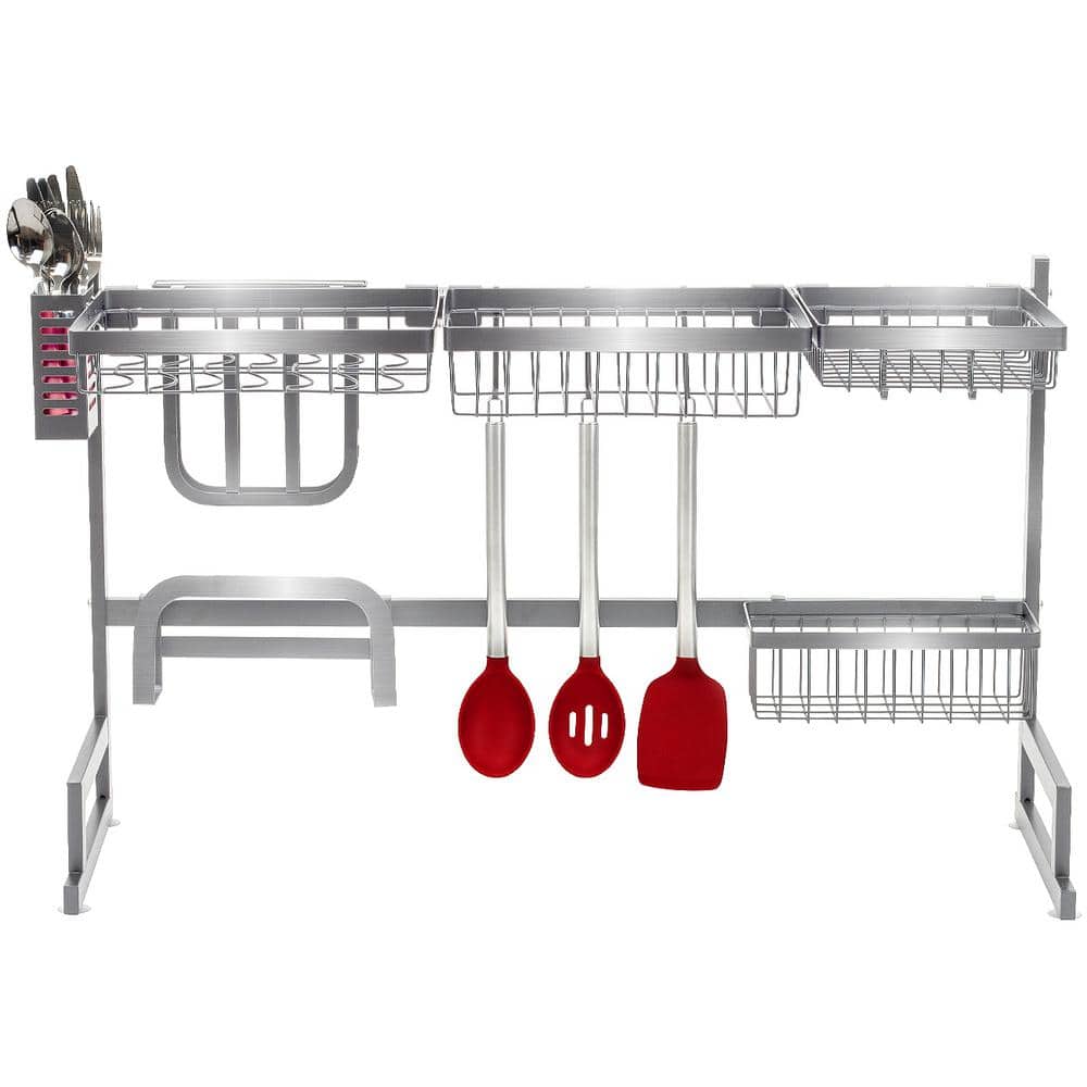 Silver Steel Over-The-Sink Dish Drying Rack with Utensil Cup