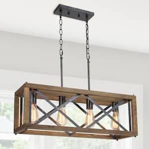 Modern Farmhouse Wood Chandelier 4-Light Black Cage Rectangle Island Chandelier for Kitchen Dining Room