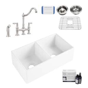 Bradstreet II 33 in. Farmhouse Double Bowl Crisp White Fireclay Kitchen Sink with Courant Bridge Faucet (Stainless) Kit