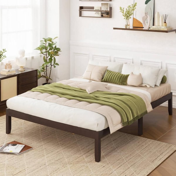 Brown Wooden Frame Queen Size Platform Bed 14 in. with Rubber Wood Legs Under-bed Storage
