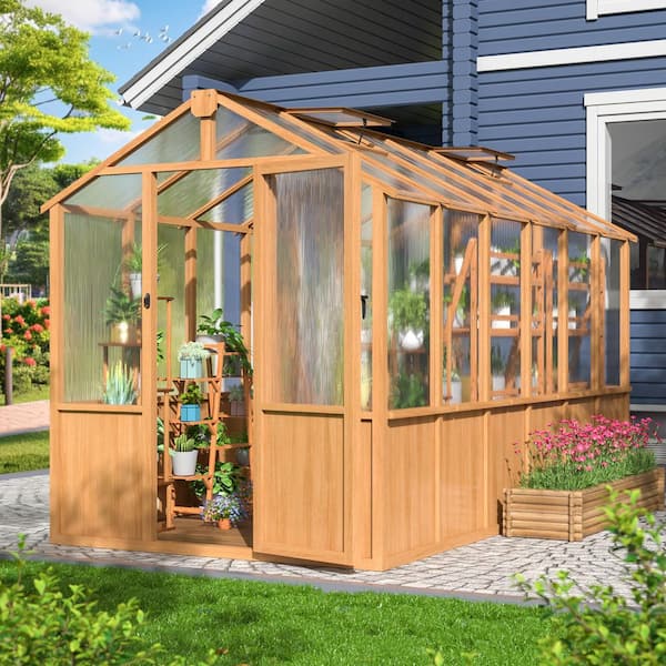 6 ft. W x 12 ft. D Wooden Polycarbonate Greenhouse with Lockable Door and Adjustable Vent, Greenhouse with for Outdoor