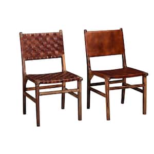 Brown Leather Woven Back Dining Chairs (set of 2)