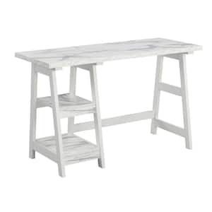 Designs2Go 47 in. W Rectangular White Faux Marble and White Wood Writing Desk with Trestle