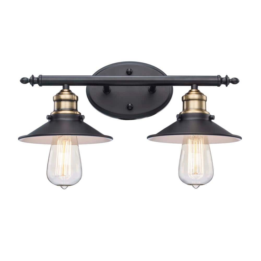 Hampton Bay Glenhurst 2-Light Black and Brass Industrial Farmhouse Bathroom Vanity Light with Metal Shades