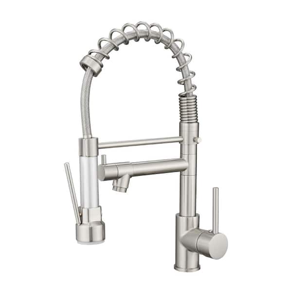 Tahanbath Double Handle Gooseneck Pull Down Sprayer Kitchen Faucet in Brushed Nickel