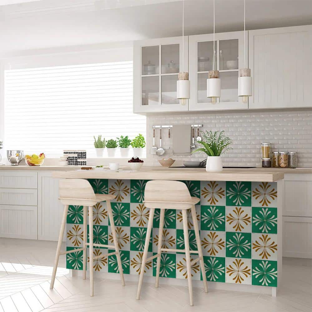 8x8-inch Antiquewhite Green Gold Vinyl Peel and Stick Tile Stickers