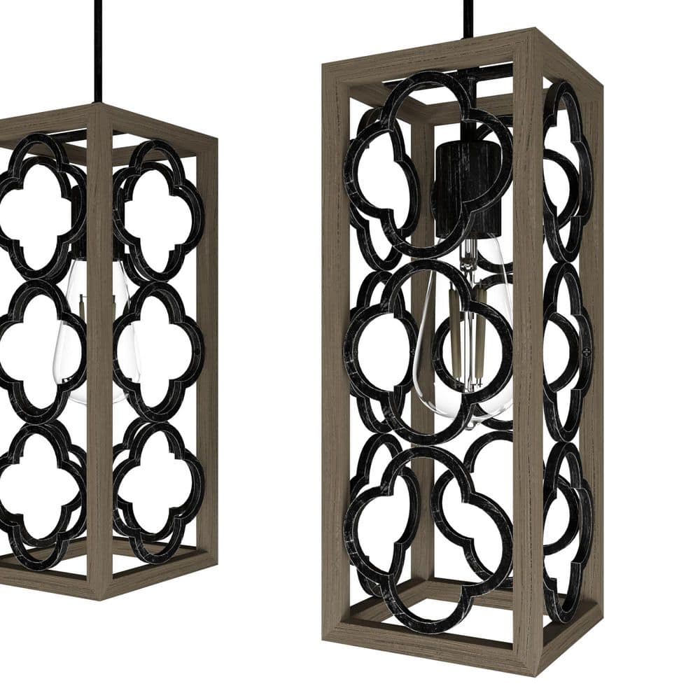 French Oak and Black Aluminum 3-Light Pendant