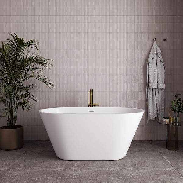 54 in. x 30 in. Acrylic Freestanding Soaking Bathtub in Glossy White with Brushed Brass Drain