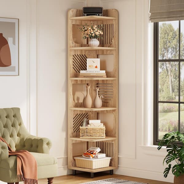 Eulas 71.9 in. Tall Natural Engineered Wood 5-Shelf Standard Bookcase Storage Rack, Corner Stand Display Shelf