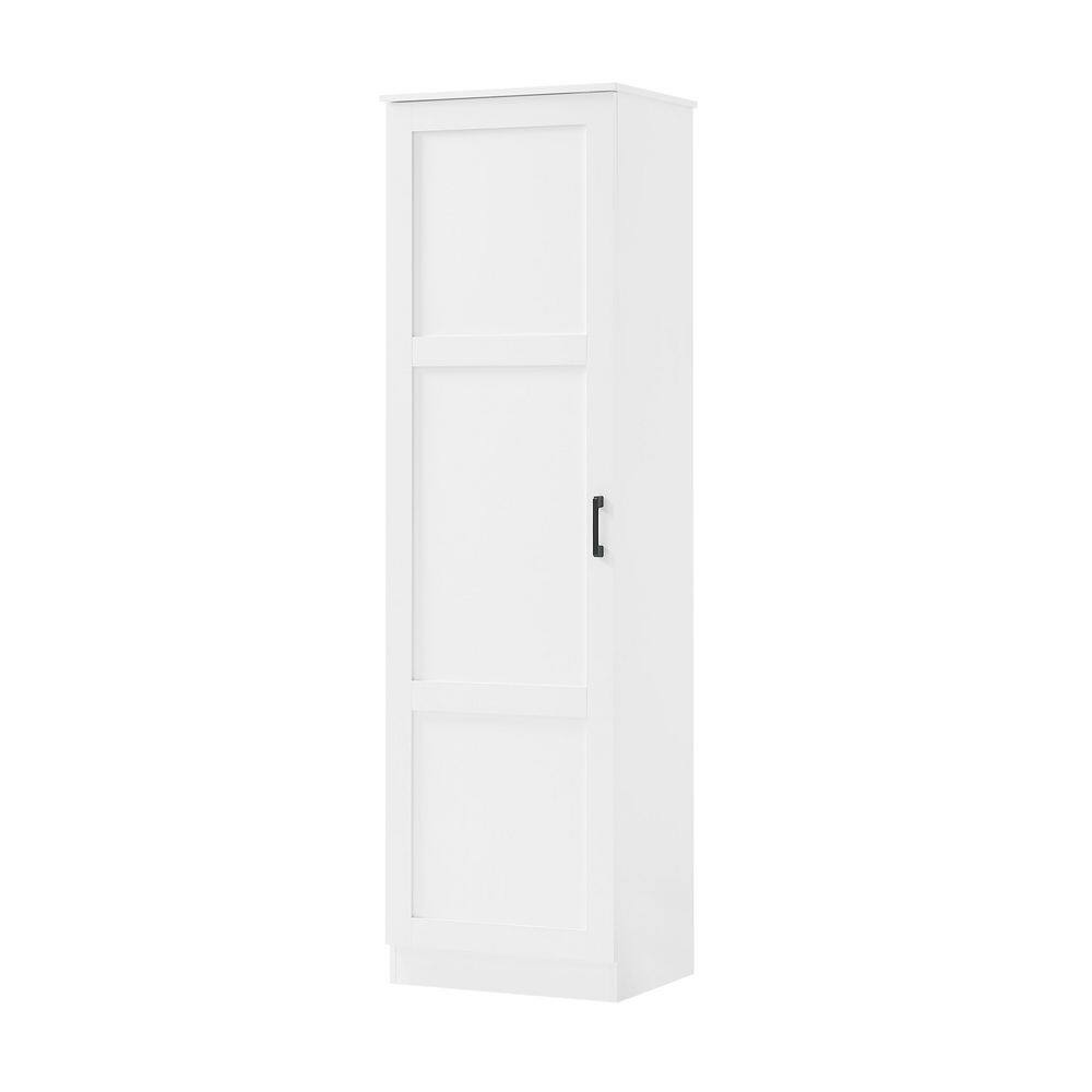 Front view of a white tall cabinet.