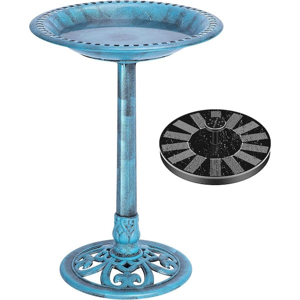VIVOHOME Antique Polyresin Blue Garden Birdbath with Solar Powered Fountain