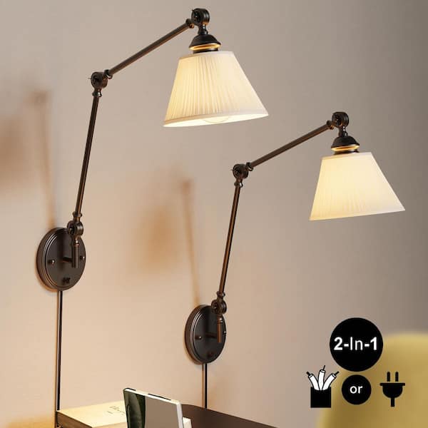 Black Swing Arm Wall Sconce Modern Hardwired/Plug-In Wall Lamp (2-Pack) Industrial Wall Light for Bedroom
