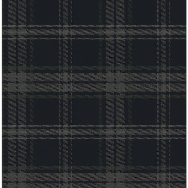 30.75 Sq. ft. Dark Blue and Evergreen Senne Hill Plaid Vinyl Peel and Stick Wallpaper Roll