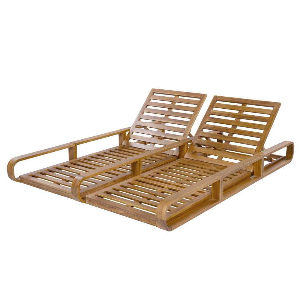 Ivy Teak Finish Acacia Wood Outdoor Patio Double Chaise Lounge with 4-Position Adjustable Backrest