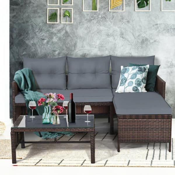 3-Piece Outdoor Wicker Rattan Patio Conversation Sofa Set with Gray Cushion