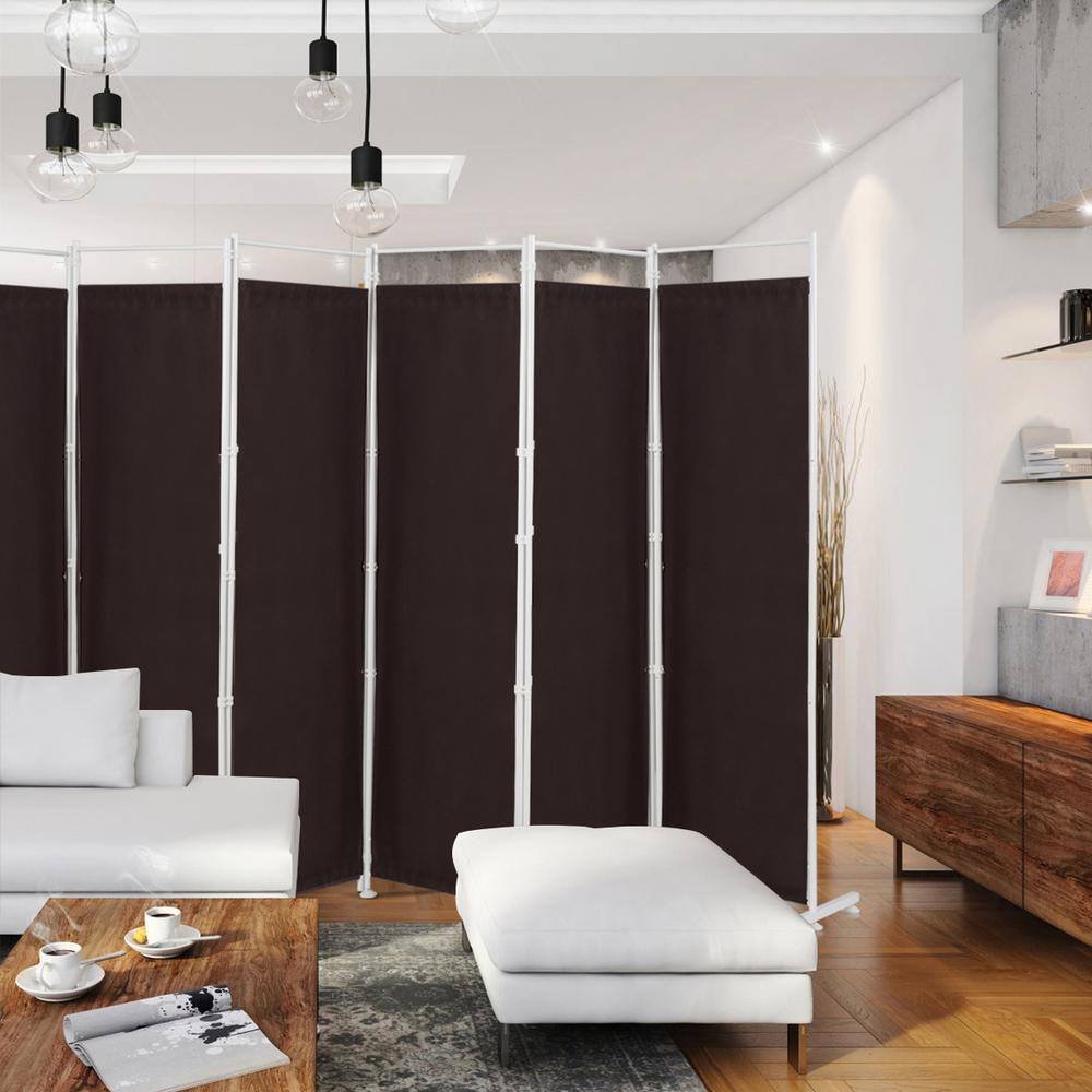 Brown Polyester 6-Panel Folding Room Divider with Steel Frame