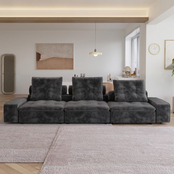 142 in. Square arm Rectangle 3-Seater Frosted Velvet Free Combination Modular Sectional Sofa in. Gray