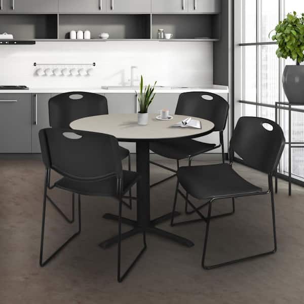 Cain 36 in. Maple Round X-Base Breakroom Table Desk and 4 Zeng Stack Chairs-Black