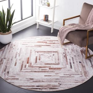 Faux Hide Beige/Brown 6 ft. x 6 ft. Machine Washable Striped Solid Color Round Area Rug
