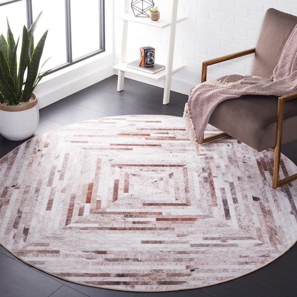 Faux Hide Beige/Brown 8 ft. x 8 ft. Machine Washable Diamond Geometric Round Area Rug