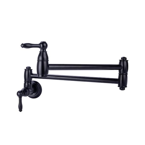 Brienza Traditional Kitchen Wall Mount Pot Filler Faucet with Double Handles and Full Swing Rotation Arms in Matte Black