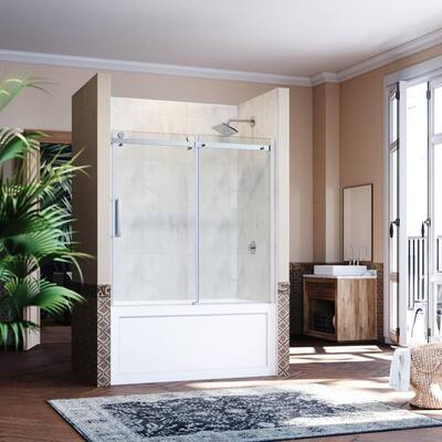 60 in. W x 62 in. H Sliding Semi Frameless Tub Door in Chrome with Clear Glass