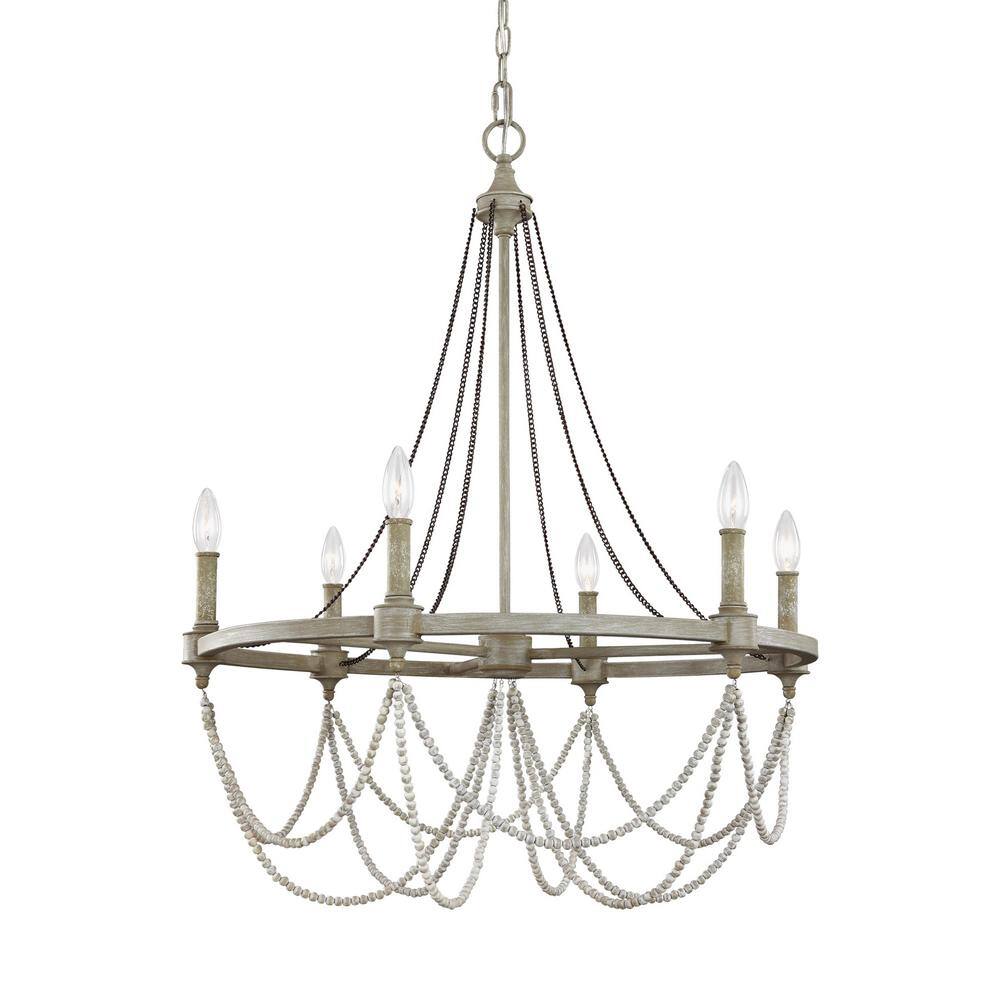 Beverly 28" French Washed Oak & Distressed White 6-Light Chandelier