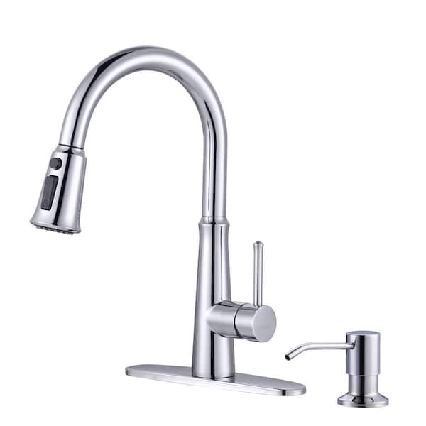 WOWOW Single Handle Pull Down Sprayer Kitchen Faucet with Soap Dispenser in Chrome