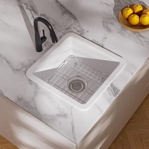 Oslo 18 in. Drop-In/Undermount Square Single Bowl in White Fireclay Kitchen Sink with Bottom Grid and Basket Strainer