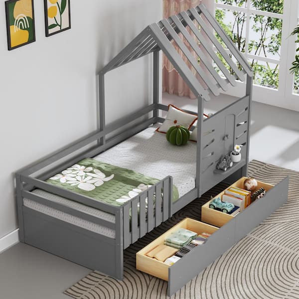 Gray Twin Size House Bed Kids Playhouse Bed with 2-Drawers, Guardrails, Roof, Window