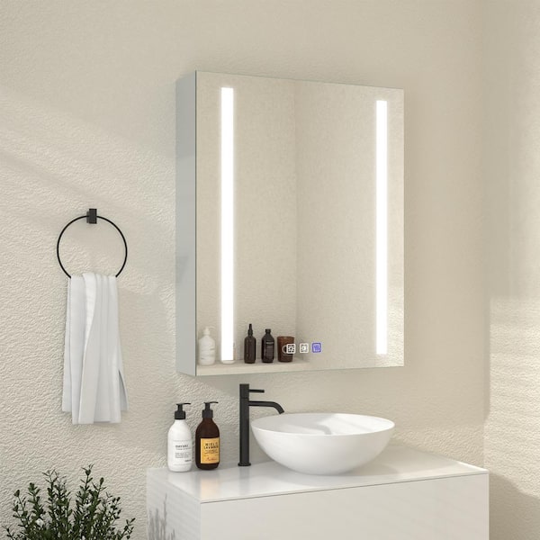 WOODSAM 20 in. W x 26 in. H Rectangular Silver Aluminum Recessed/Surface Mount Right Medicine Cabinet with Mirror and LED Light