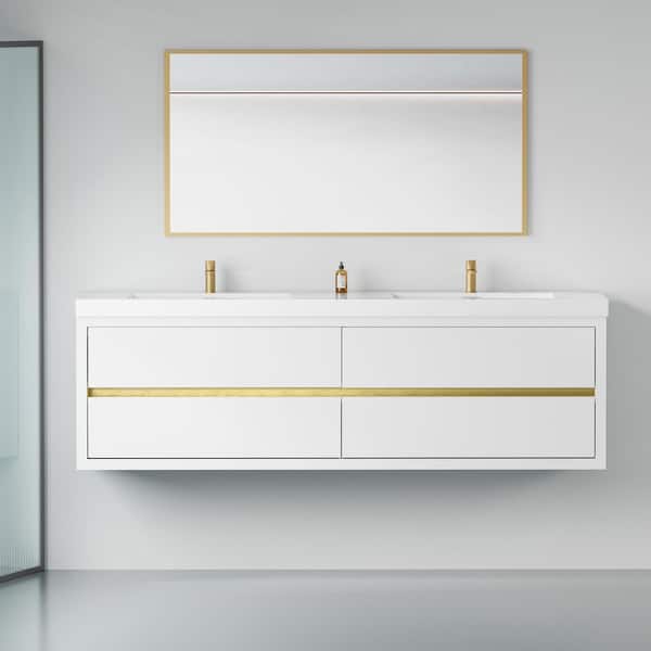 72 in. Wall-Mounted Double Sink Bath Vanity Floating Bathroom Storage Cabinet in Glossy White with White Stone Resin Top