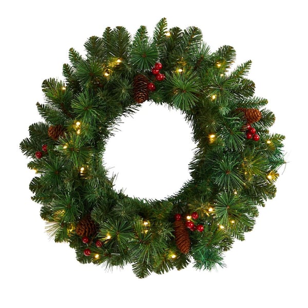 Nearly Natural 20 in. Prelit LED Frosted Pine Artificial Christmas Wreath with Pinecones, Berries and 35 Warm White LED Lights