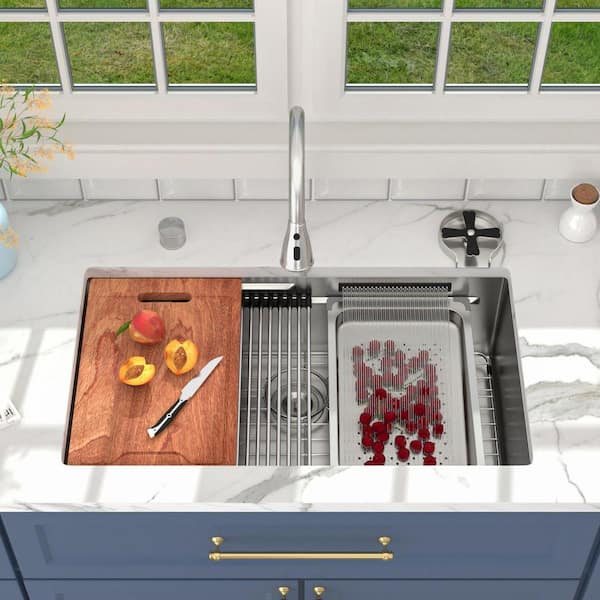 33 in. x 19 in. Undermount Single Bowl 16 Gauge Stainless Steel Workstation Kitchen Sink with Pull Down Faucet