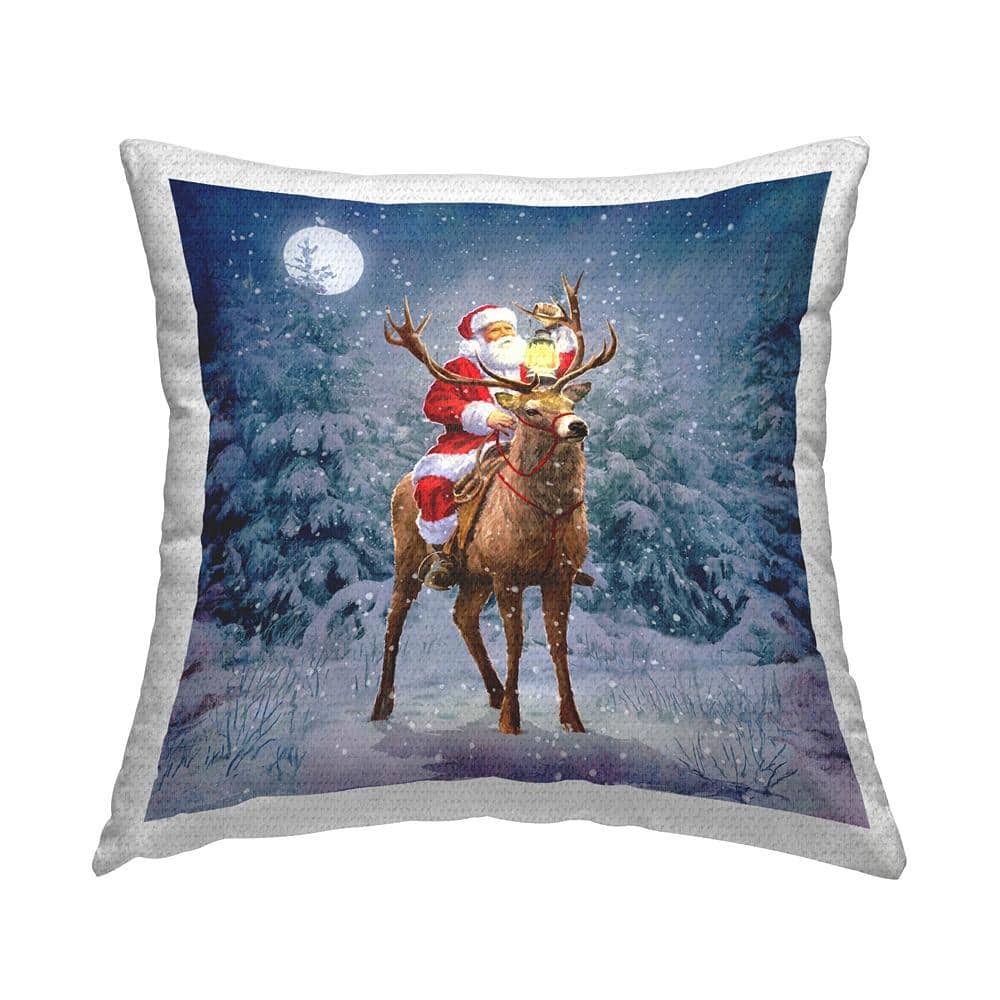 Santa Reindeer Snowy Night Square Christmas Pillow