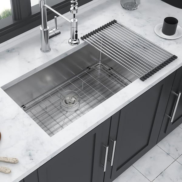 30 in. Undermount Single Bowl 16-Gauge Brushed Nickel Stainless Steel Kitchen Sink with Bottom Grids