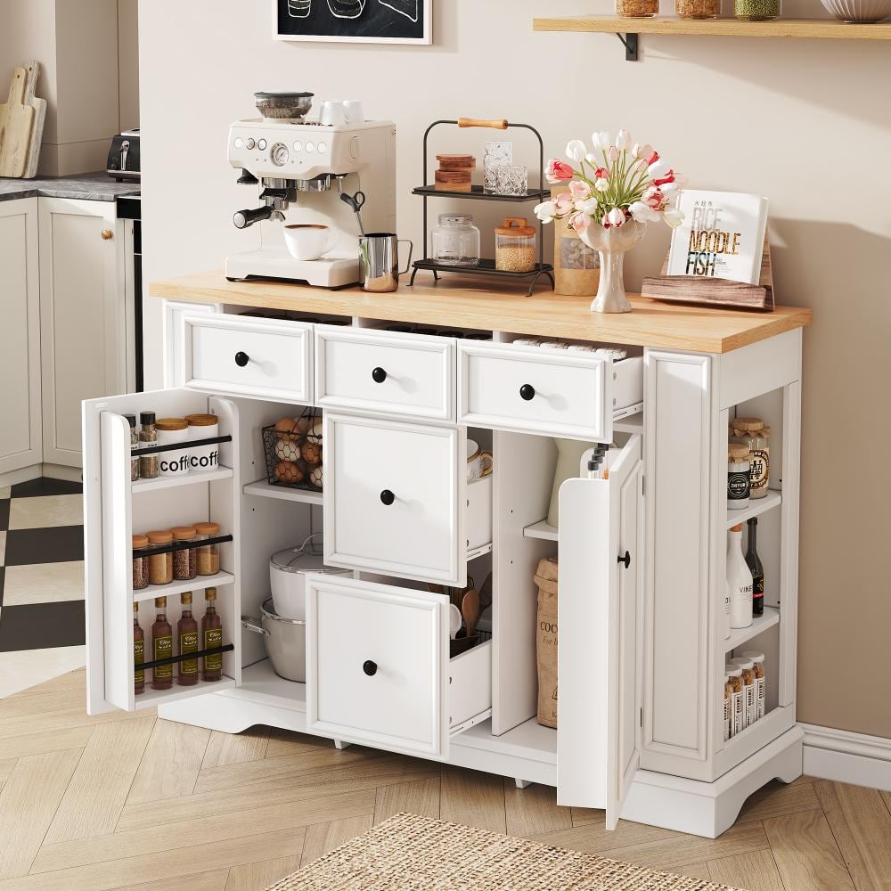 White Wood 51.2 in. W Buffet Sideboard with 5 Drawers, 2 Cabinets and Adjustable Shelves